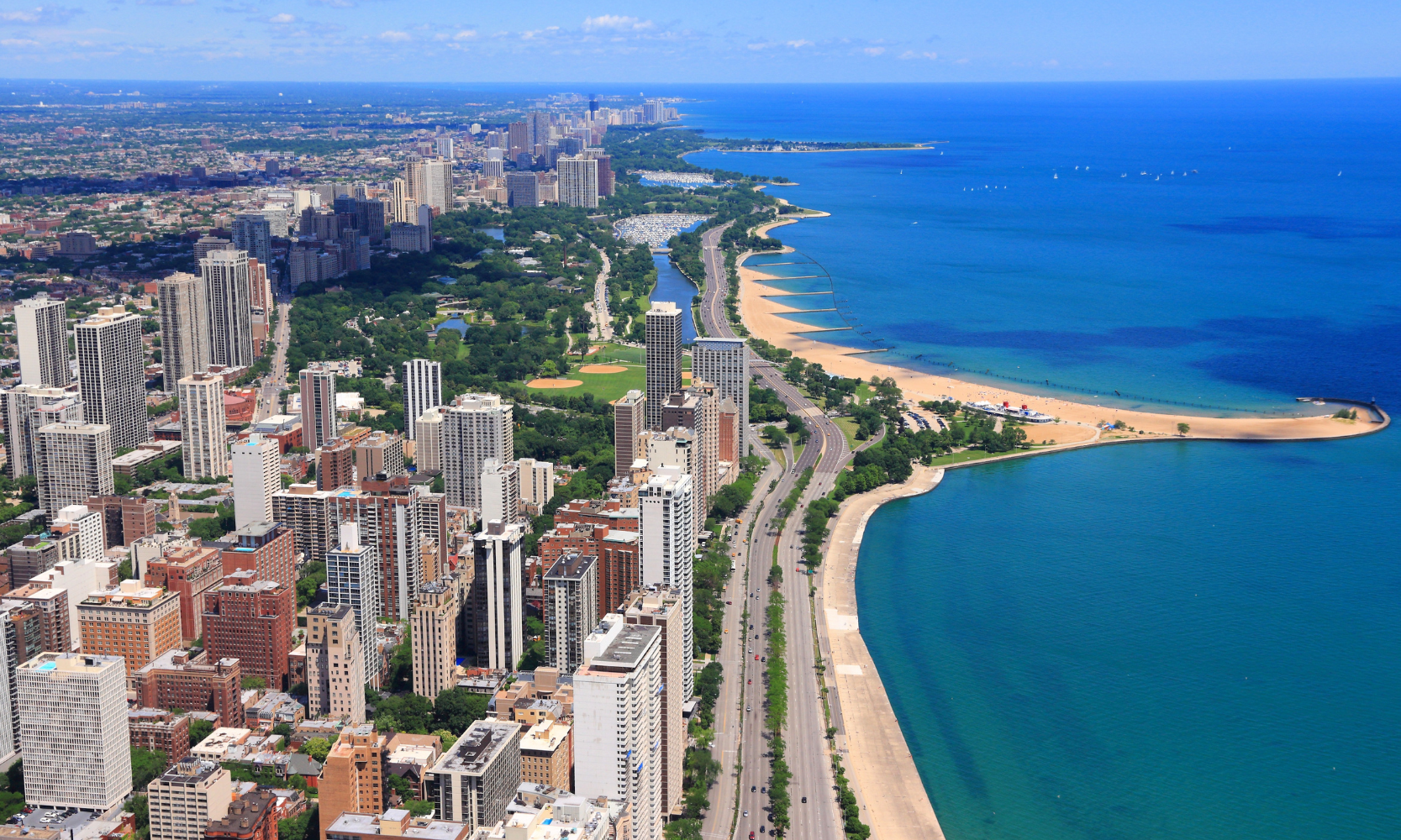 Aerial view image of the Chicago Gold Coast neighborhood on the Lake Michigan shoreline