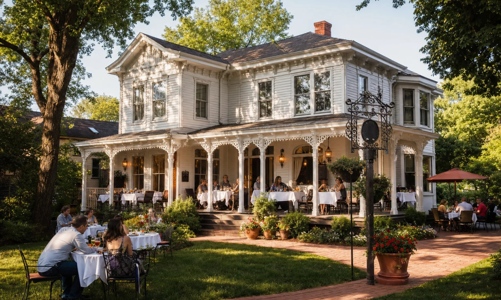 Exterior image of the Mesón Sabika mansion with people eating outside during the day