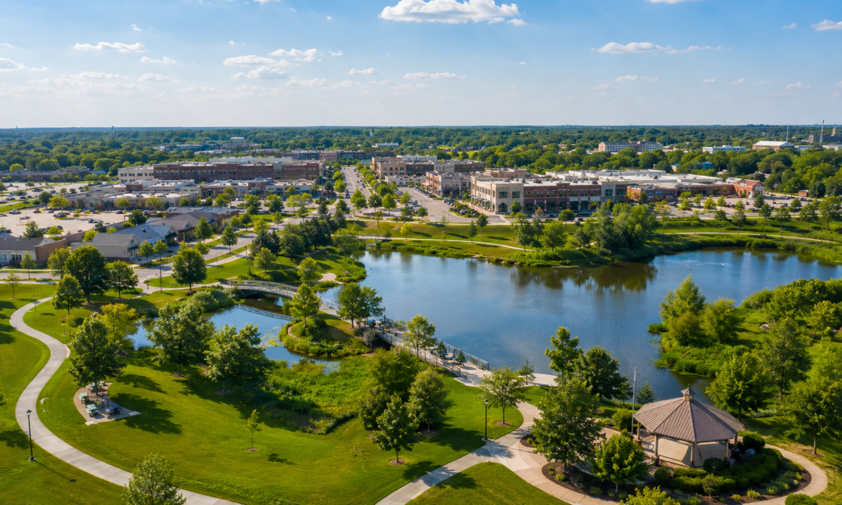 A generated aerial view image of Vernon Hills, IL, during the day